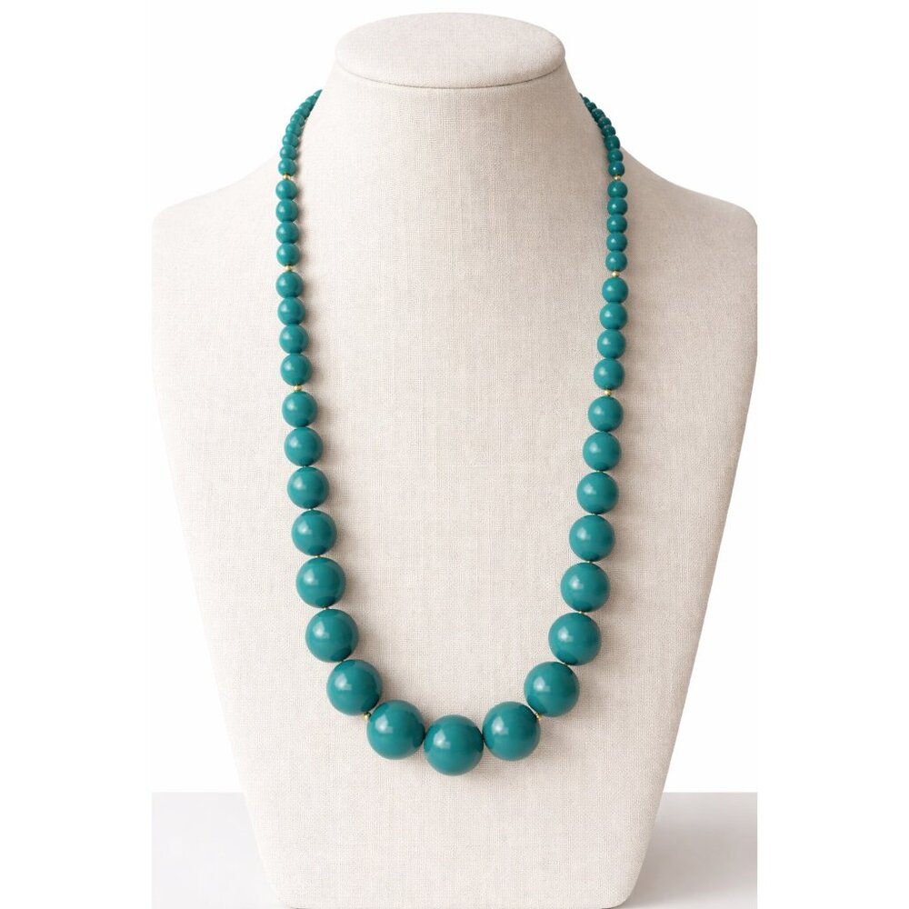 Monet Teal Graduated Bead Necklace Gold Tone Clasp 28” Vintage Statement